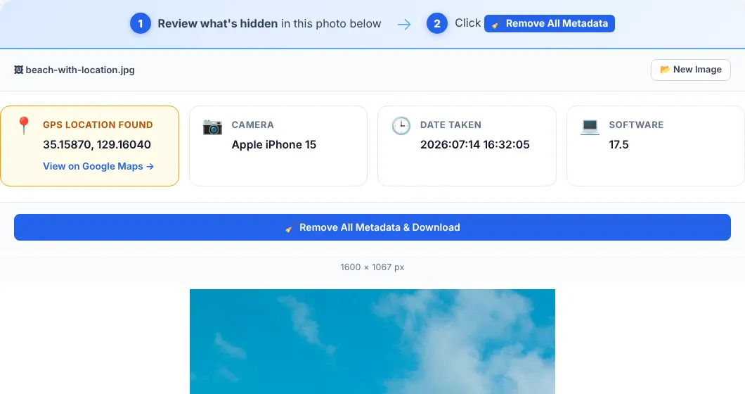 Screenshot of Magic Metadata Remover showing a photo's GPS location, camera model, date taken, and software