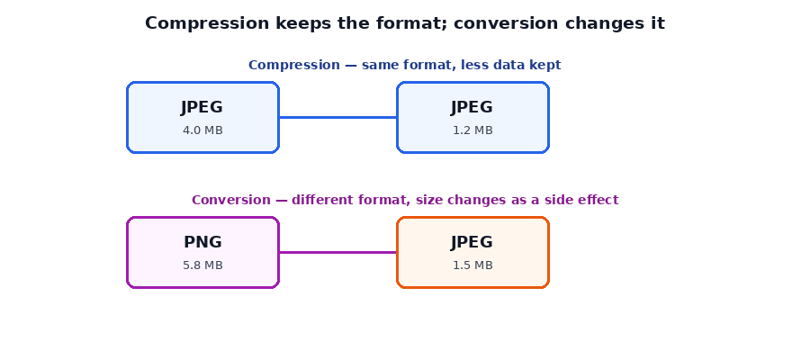 Diagram showing compression keeping a JPEG's format while shrinking its size, versus conversion changing PNG to JPEG where size changes only as a side effect