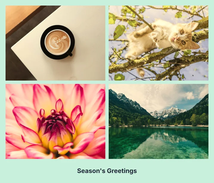 A 2 by 2 photo grid with a mint frame and the Warm filter, captioned Season's Greetings