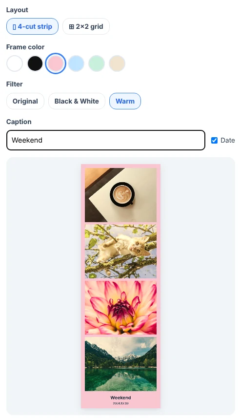 Magic Photo Booth settings: layout buttons, six frame colors, three filters, a caption box with a date checkbox, and a live preview of a pink photo strip