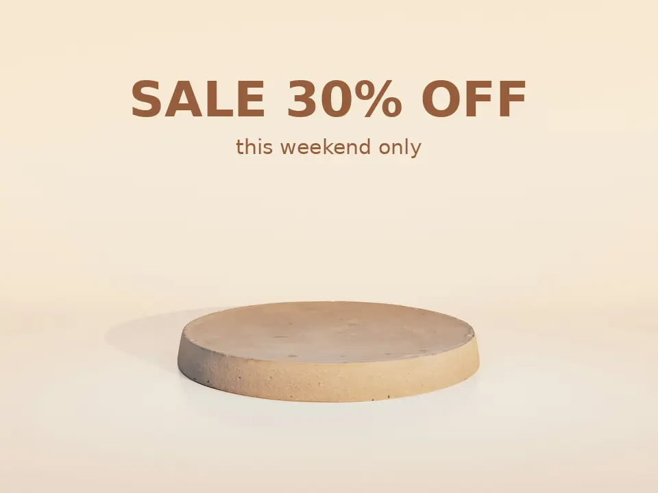 Product pedestal photo with “SALE 30% OFF, this weekend only” text